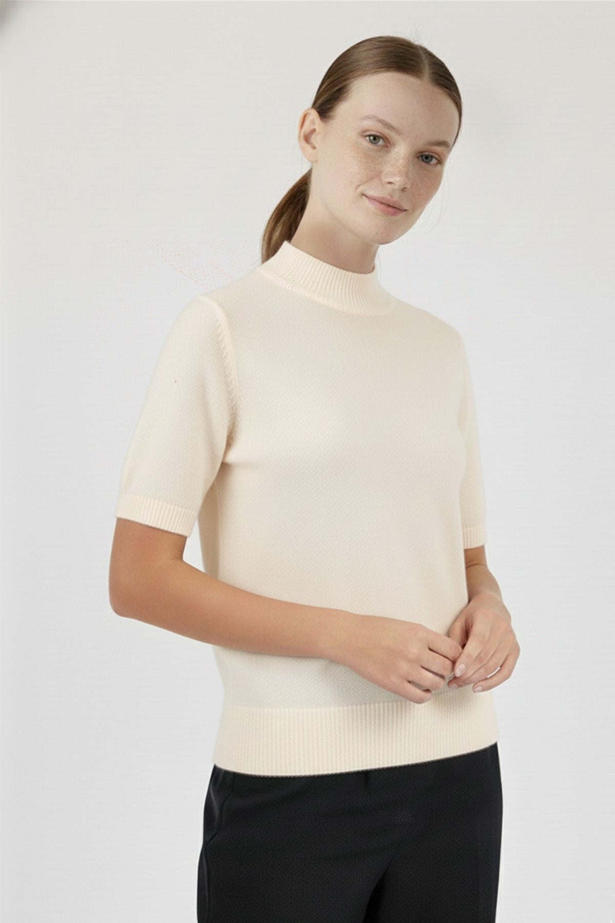 Ecru Half-Neck Short-Sleeved Women's Sweater