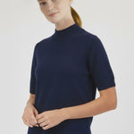 Navy Blue Short-Sleeved Women's Sweater with Half Collar