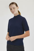 Navy Blue Short-Sleeved Women's Sweater with Half Collar
