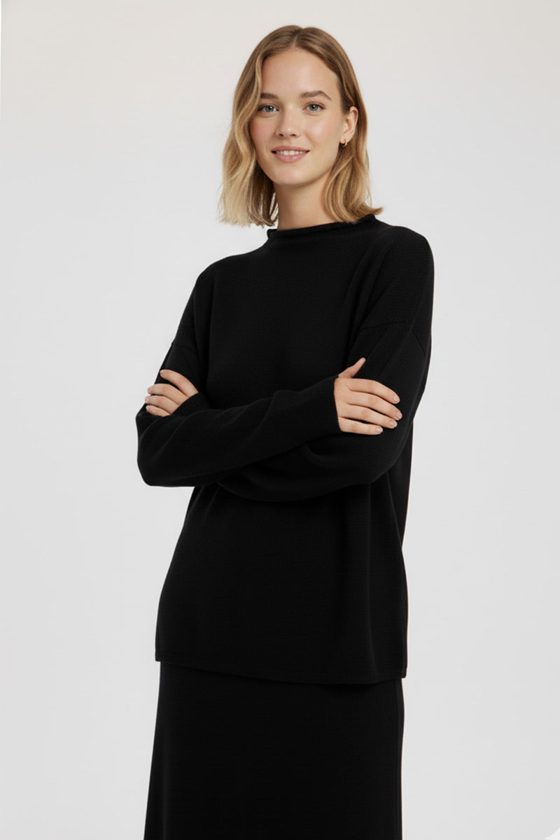 Black Stand Collar Basic Women's Sweater