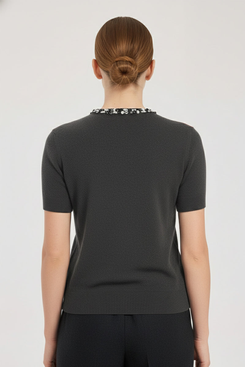 Dark Gray Stone and Beaded Women's Sweater