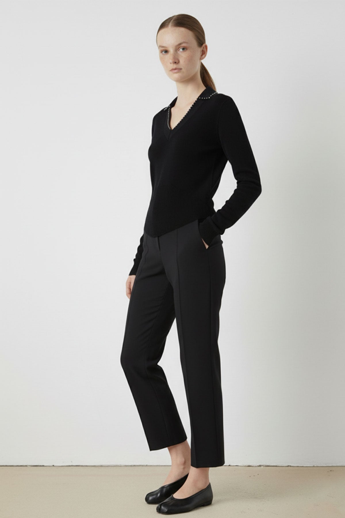 Women's Sweater with Black Collar and Pearl Details