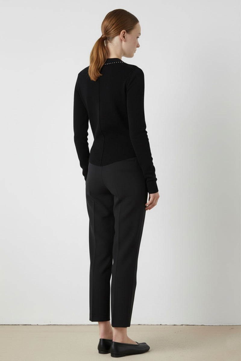 Women's Sweater with Black Collar and Pearl Details