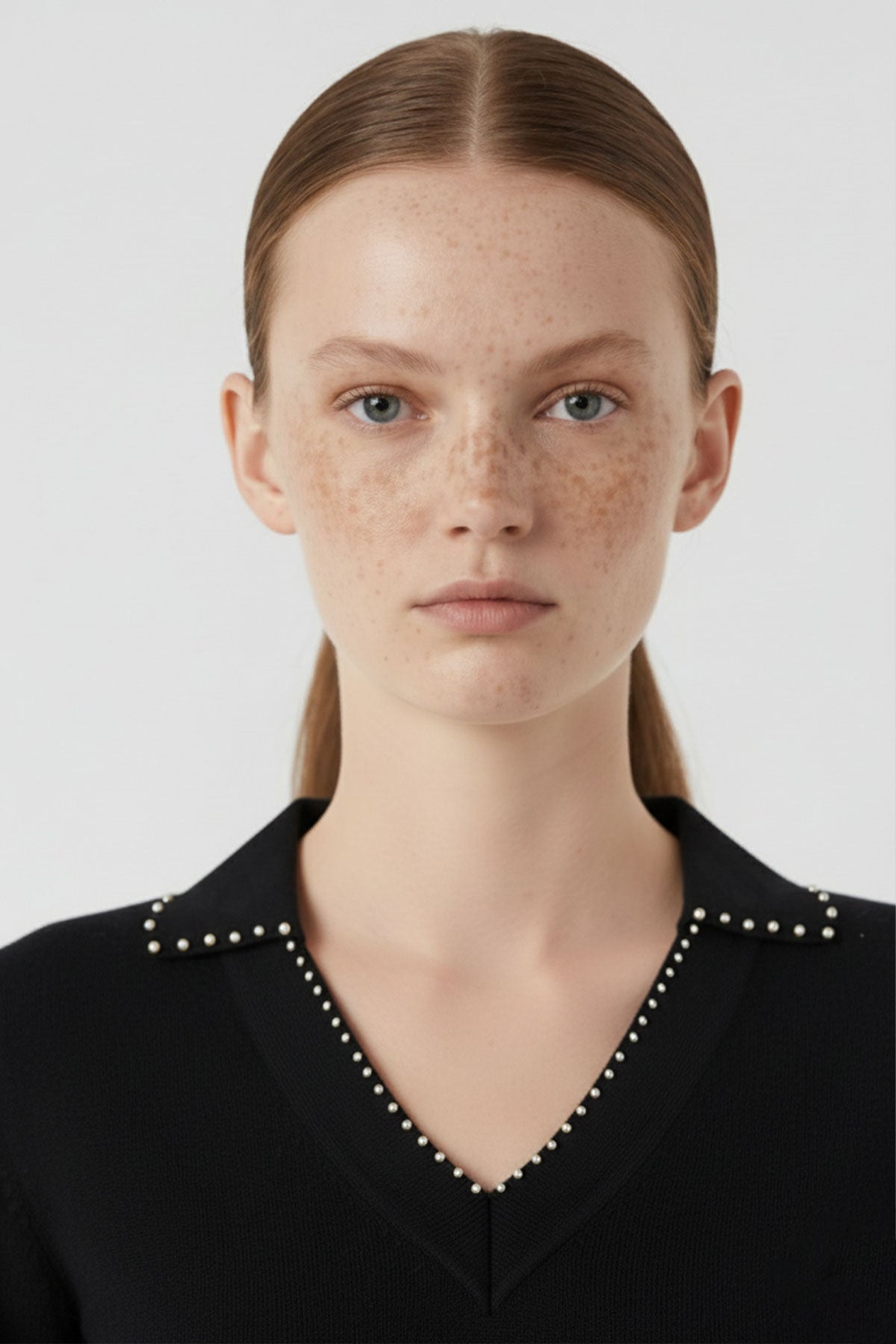 Women's Sweater with Black Collar and Pearl Details