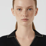 Women's Sweater with Black Collar and Pearl Details