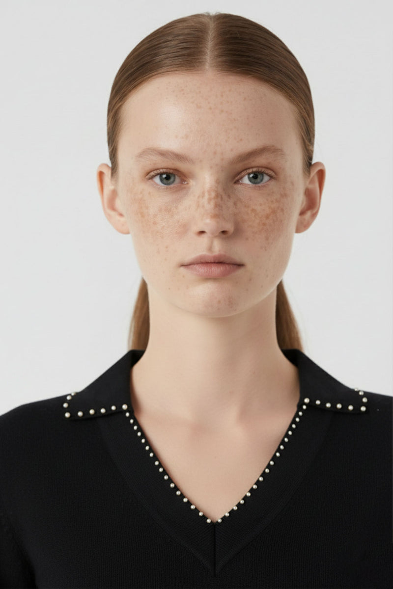 Women's Sweater with Black Collar and Pearl Details