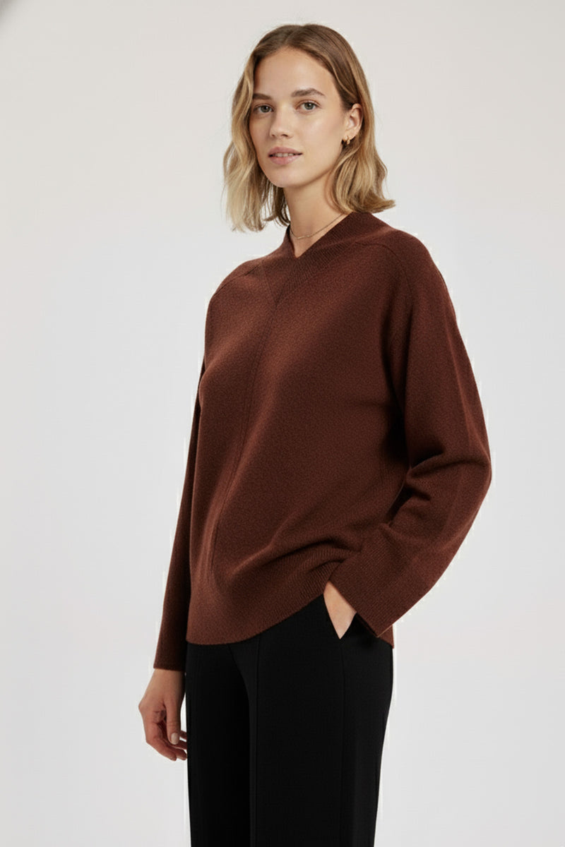Brown V-Neck Ribbed Women's Sweater