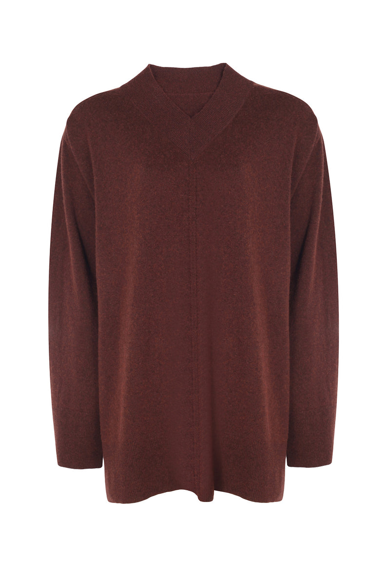 Brown V-Neck Ribbed Women's Sweater