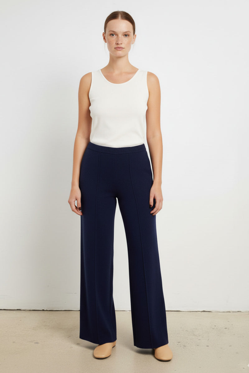 Navy Ribbed Wide Leg Women's Pants