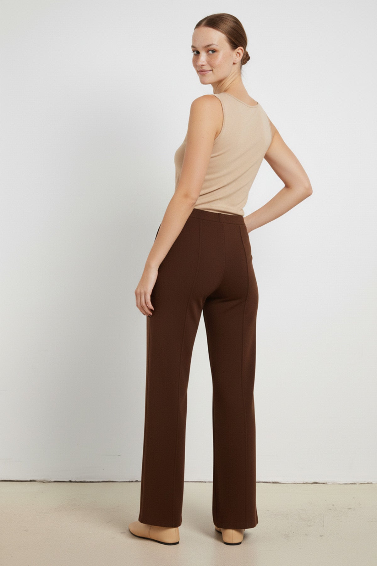 Brown Ribbed Wide Leg Women's Pants