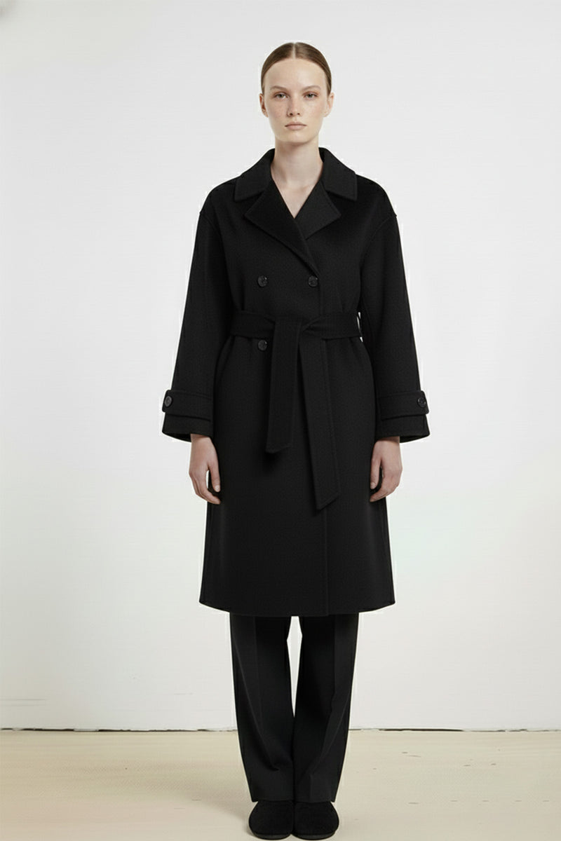 Black Double-Breasted Belted Long Women's Coat