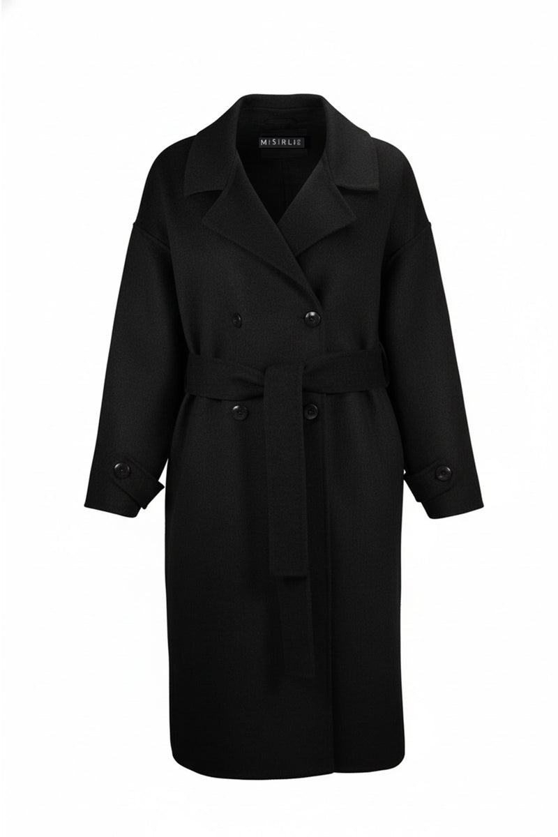 Black Double-Breasted Belted Long Women's Coat