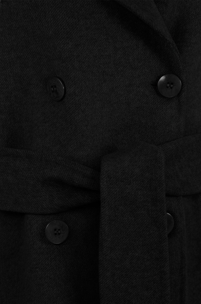 Black Double-Breasted Belted Long Women's Coat