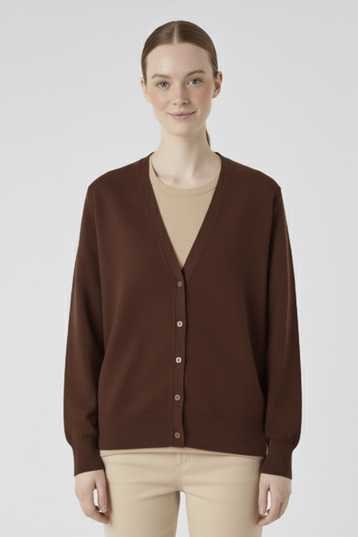 Brown Button Detail Women's Cardigan