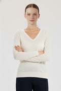 Ecru Long-Sleeved V-Neck Women's Sweater