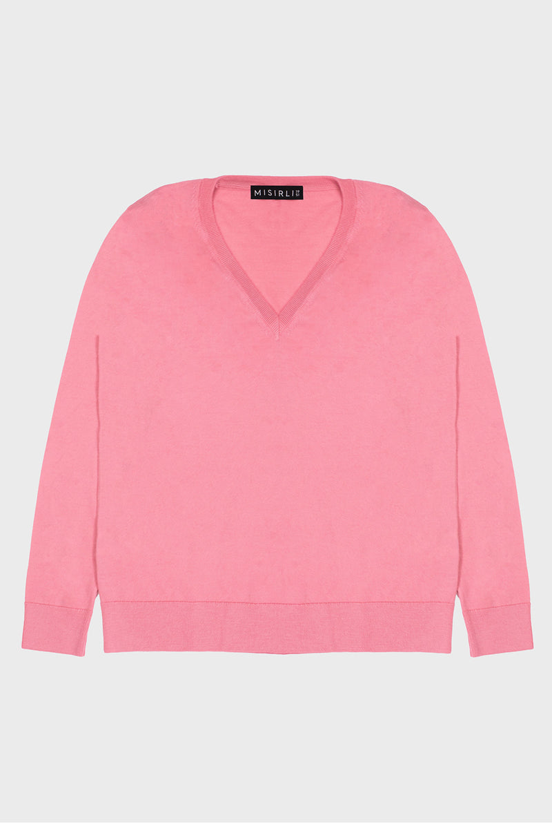 Pink Long-Sleeved V-Neck Women's Sweater