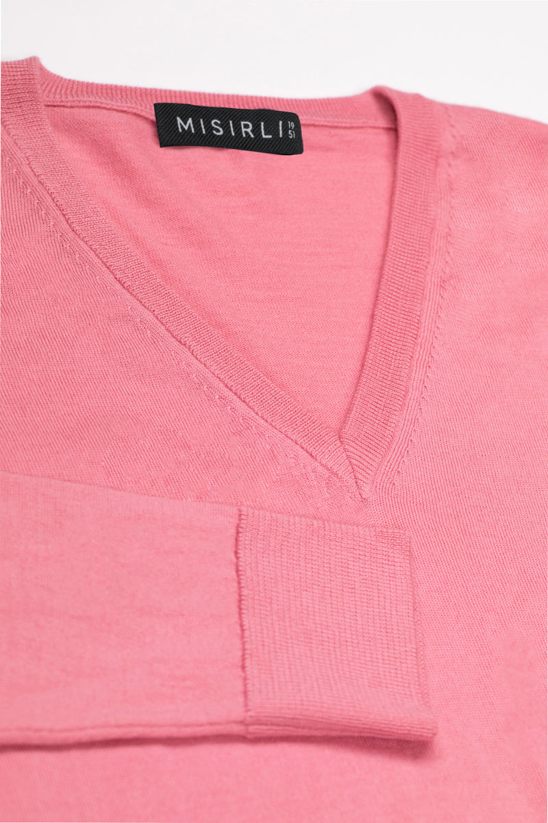 Pink Long-Sleeved V-Neck Women's Sweater