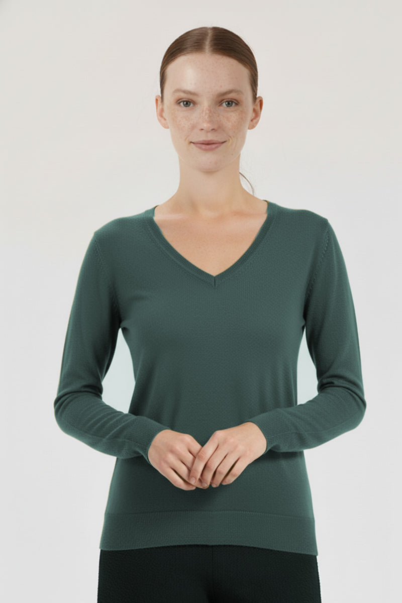 Green Long-Sleeved V-Neck Women's Sweater