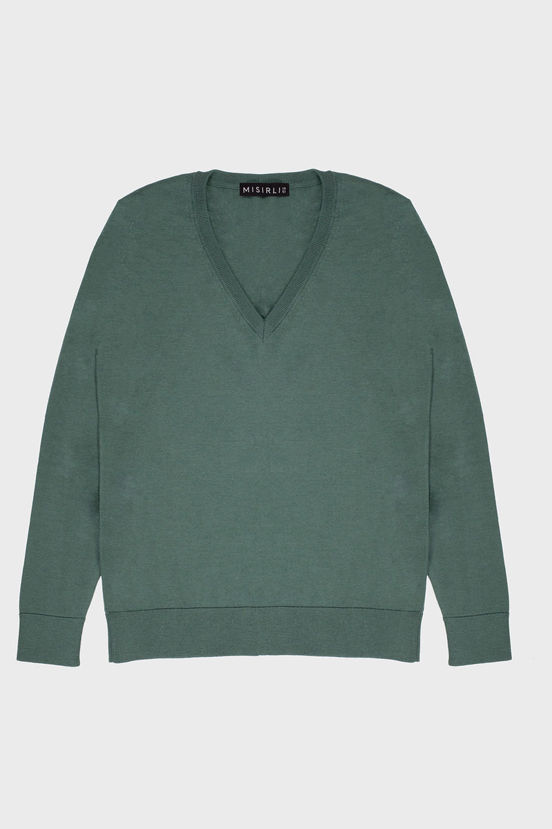 Green Long-Sleeved V-Neck Women's Sweater