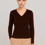 Brown Long Sleeved V Neck Women's Sweater