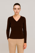 Brown Long Sleeved V Neck Women's Sweater
