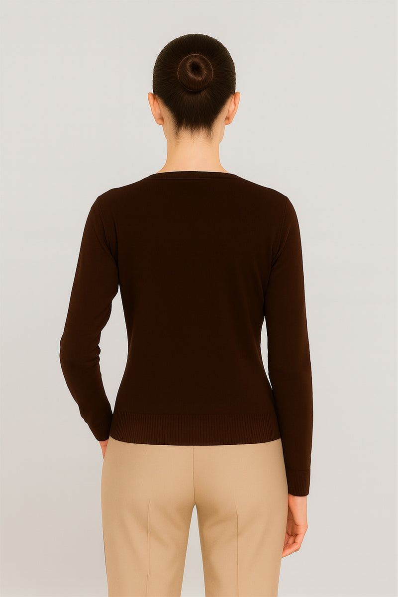 Brown Long Sleeved V Neck Women's Sweater
