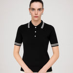 Black Ecru Polo Neck Short Sleeve Women's Sweater