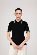 Black Ecru Polo Neck Short Sleeve Women's Sweater