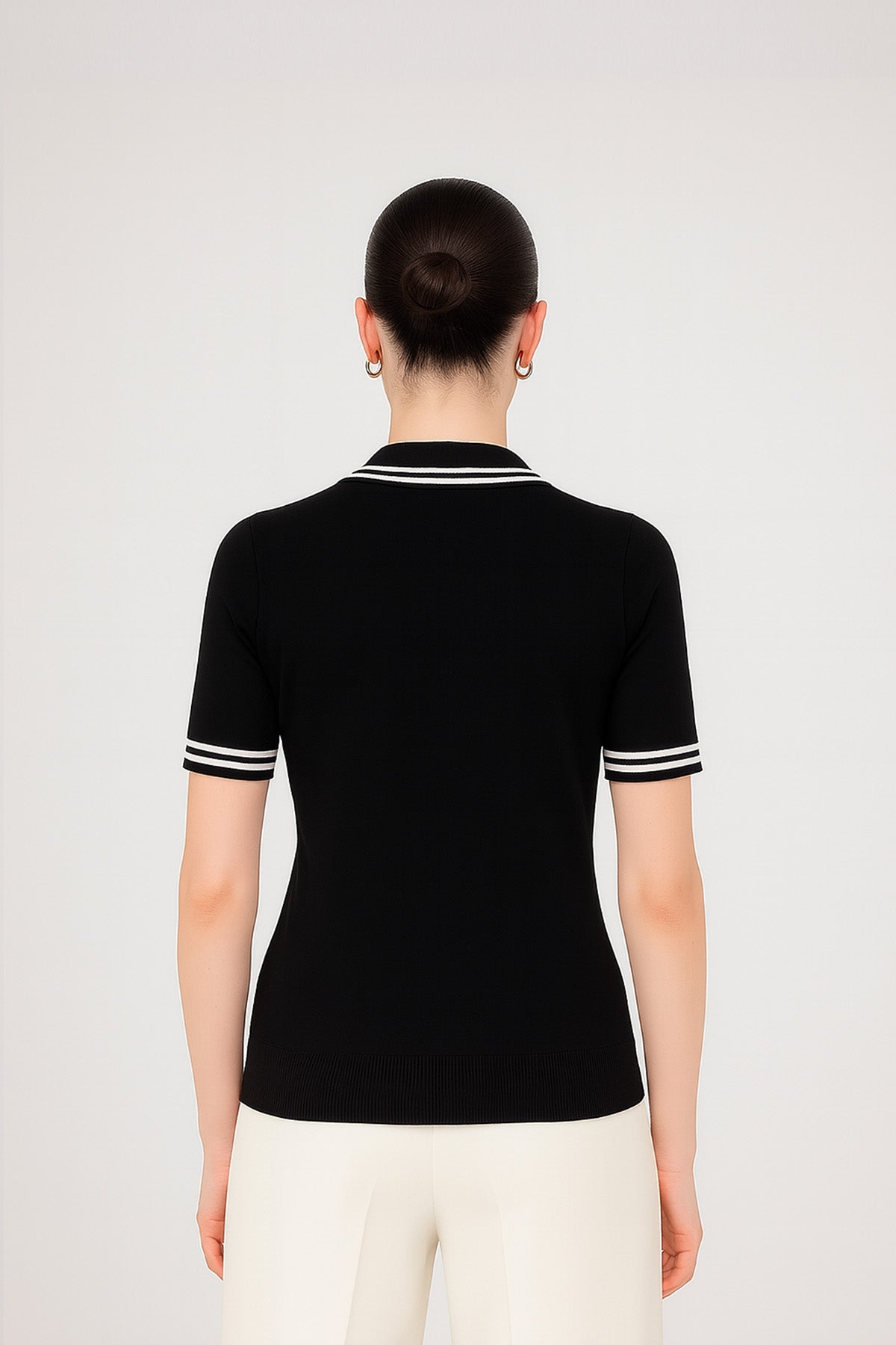 Black Ecru Polo Neck Short Sleeve Women's Sweater