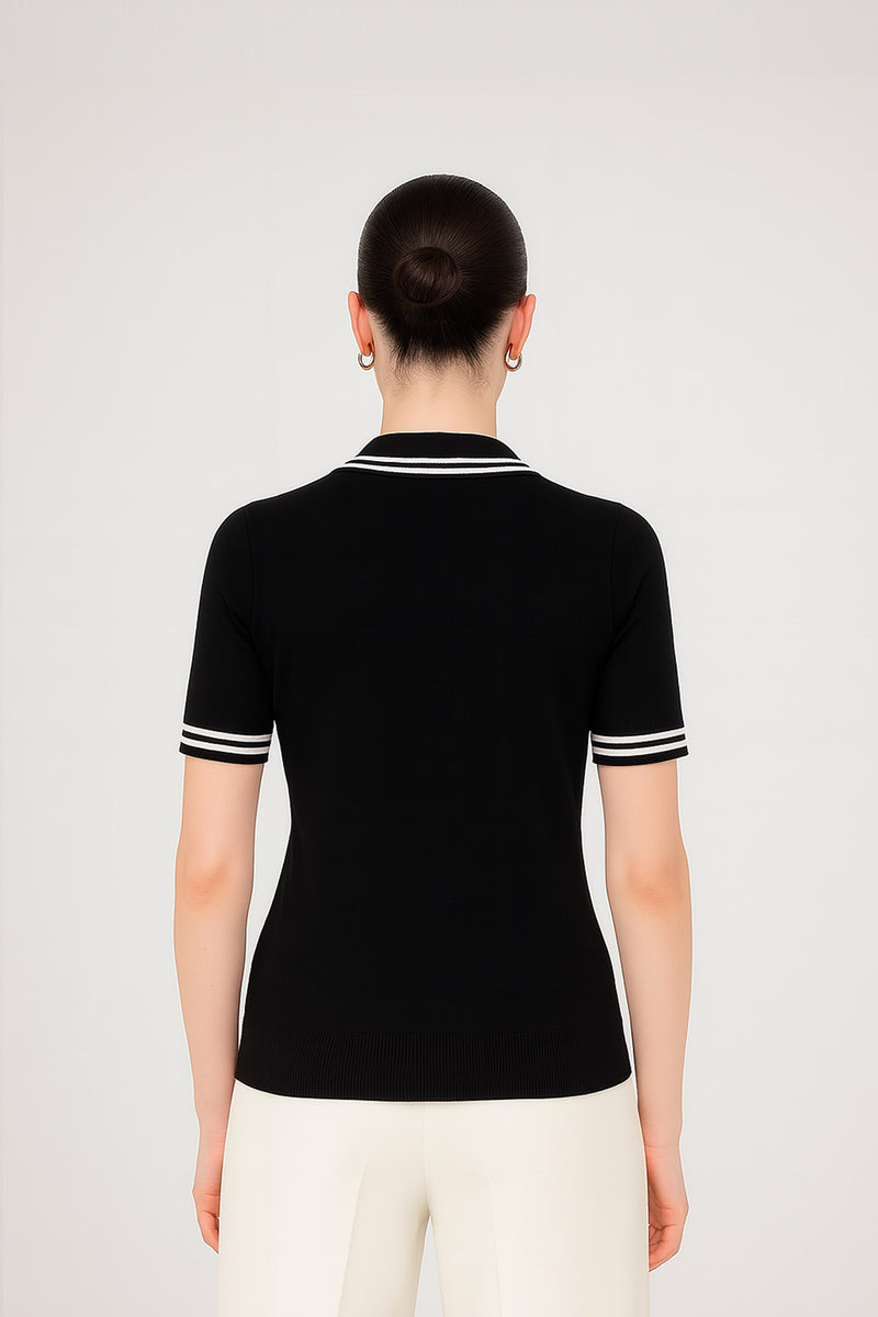 Black Ecru Polo Neck Short Sleeve Women's Sweater