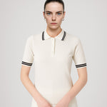 Ecru Black Polo Neck Short Sleeve Women's Sweater