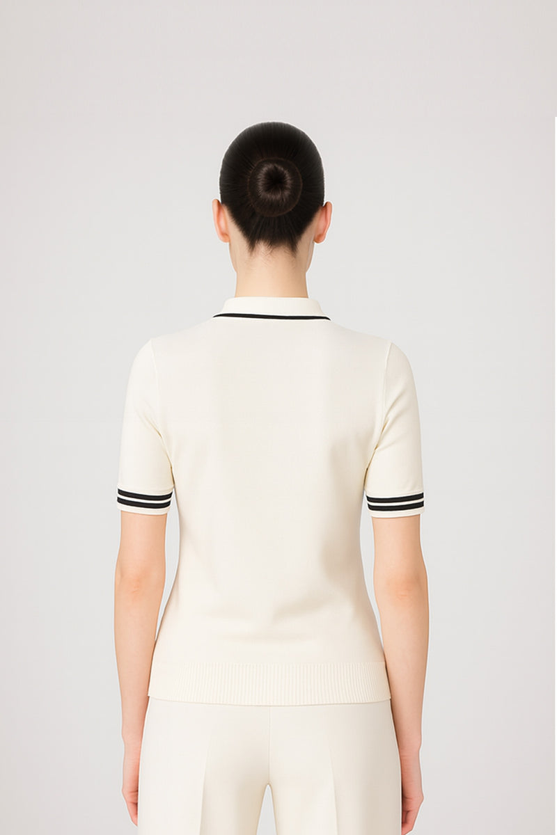 Ecru Black Polo Neck Short Sleeve Women's Sweater