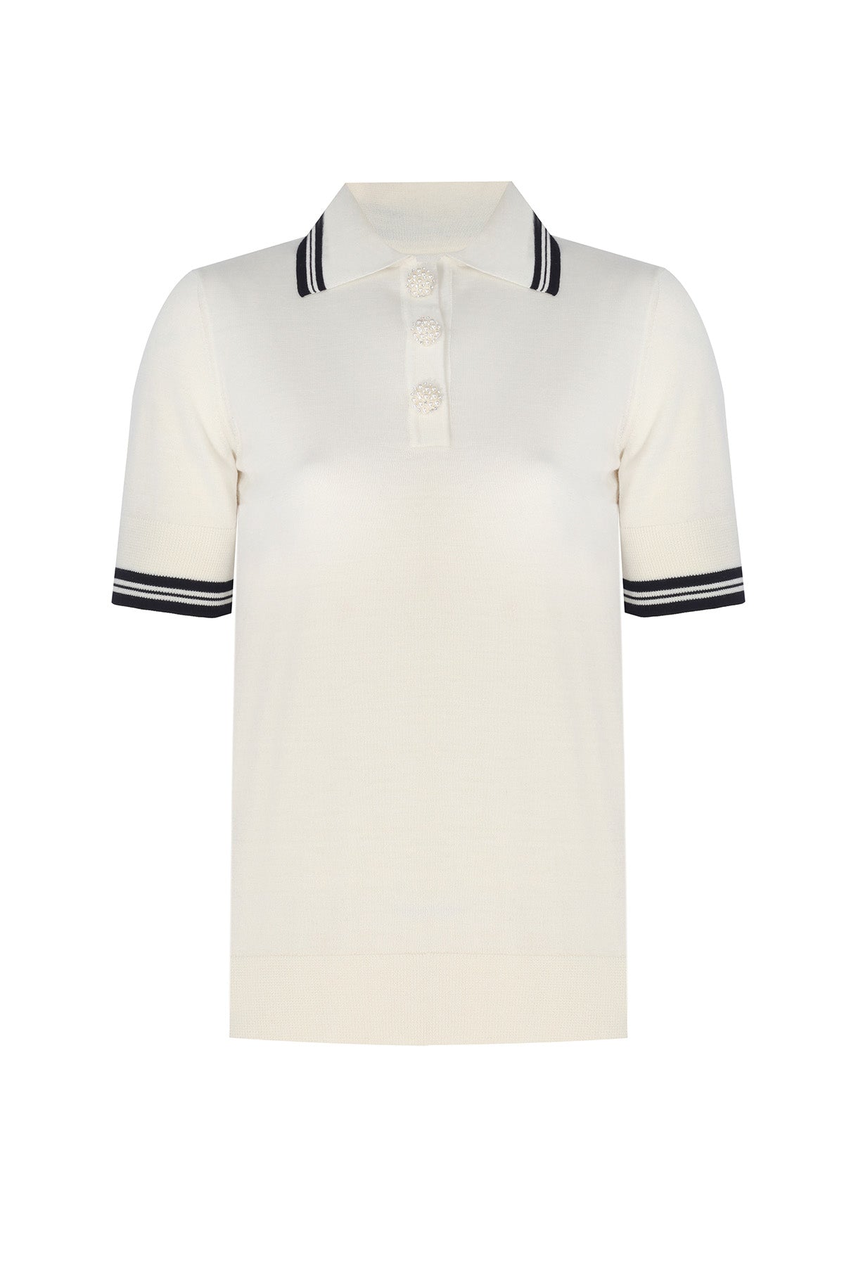 Ecru Black Polo Neck Short Sleeve Women's Sweater