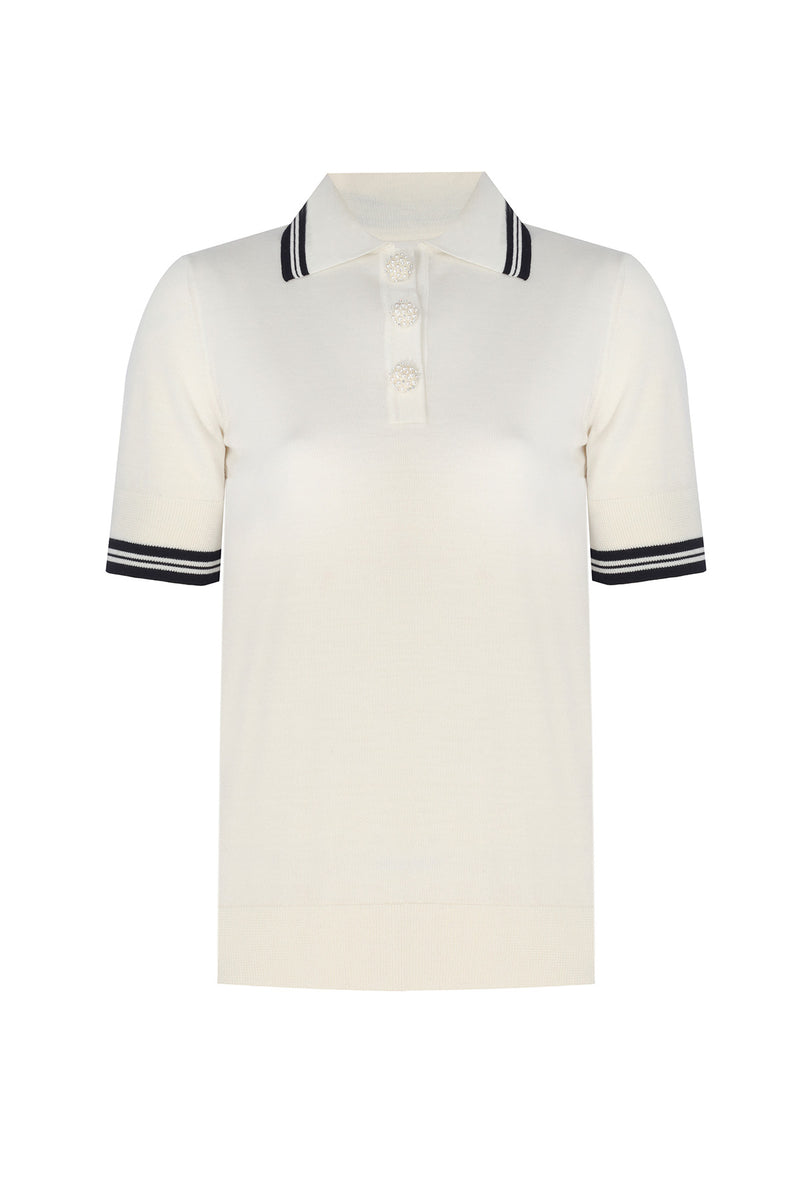 Ecru Black Polo Neck Short Sleeve Women's Sweater