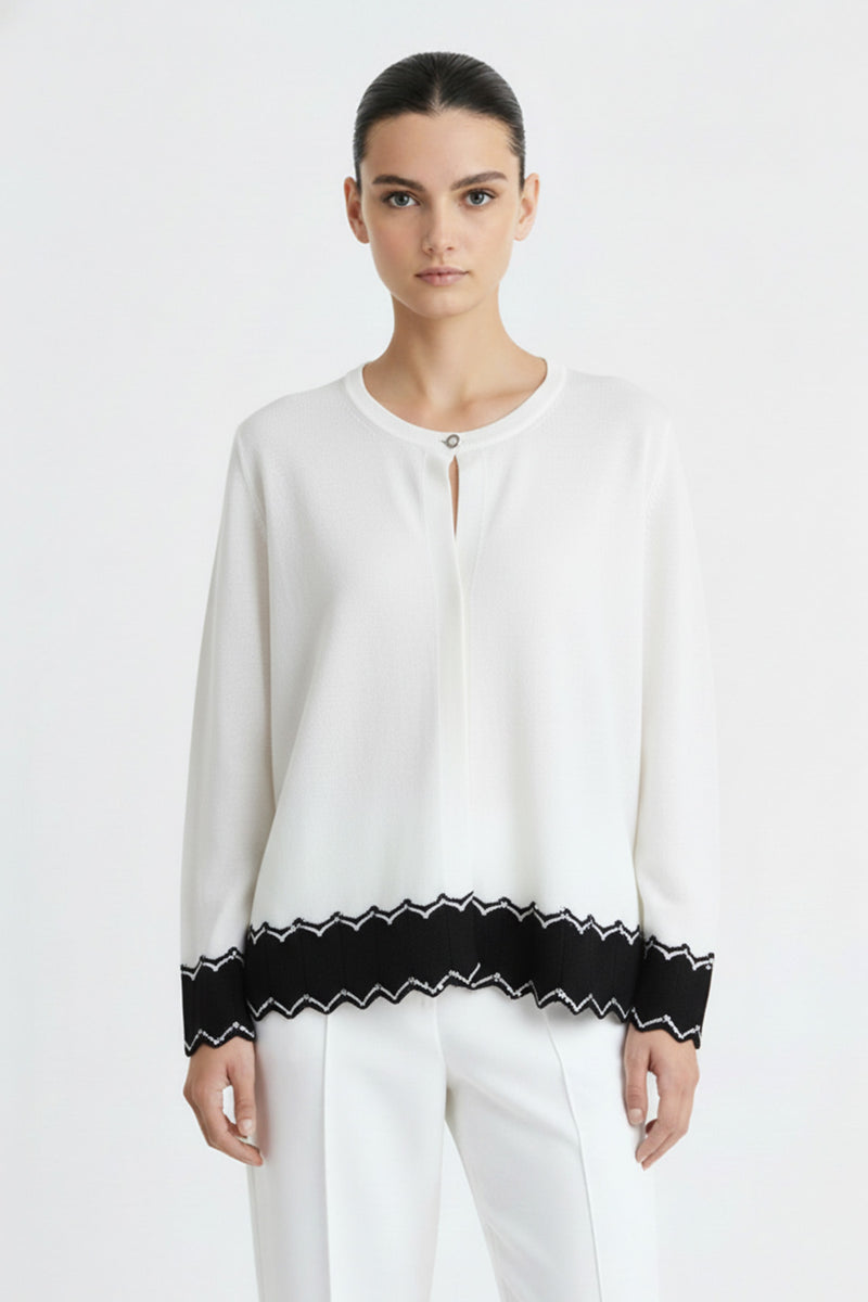 Ecru Black Hem Patterned Women's Cardigan