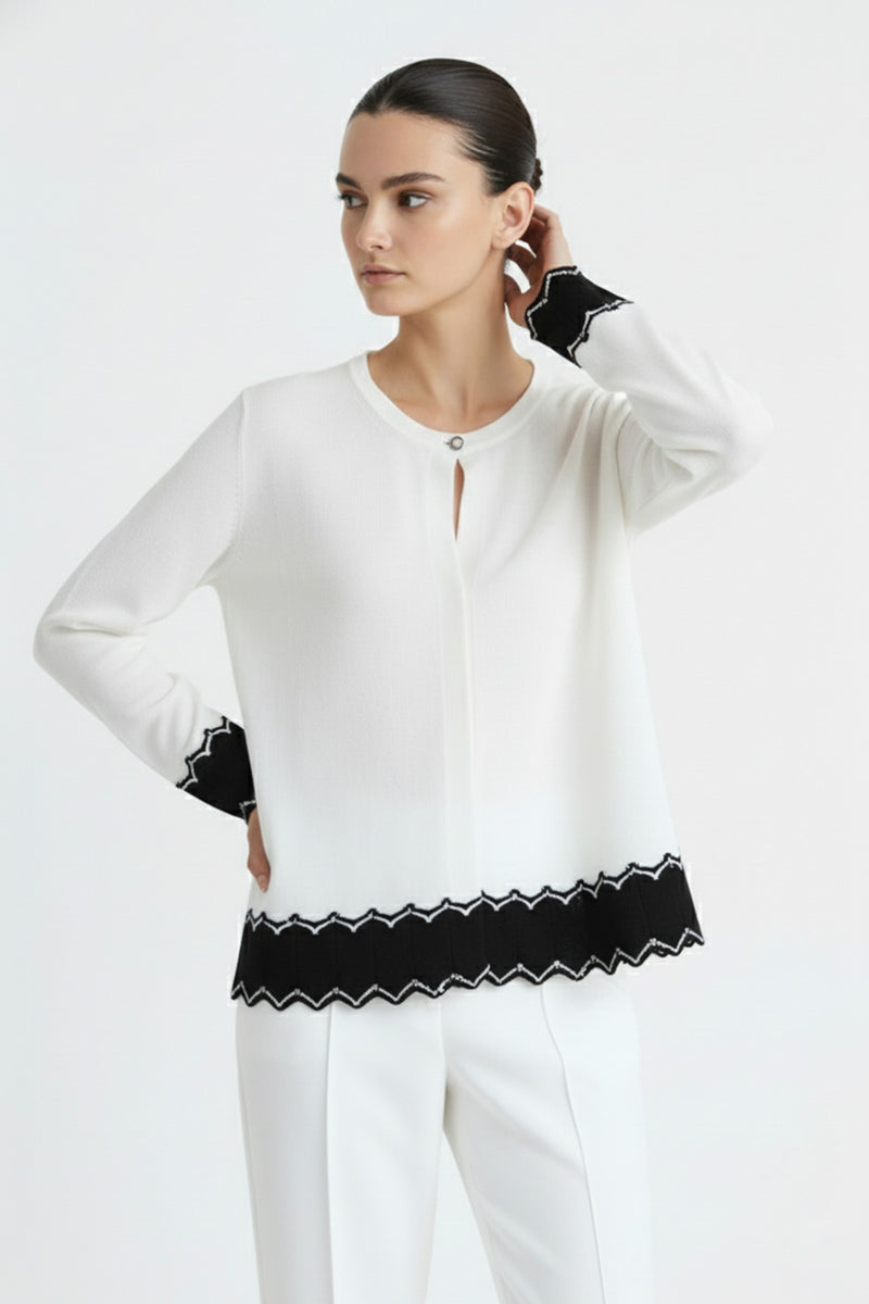 Ecru Black Hem Patterned Women's Cardigan