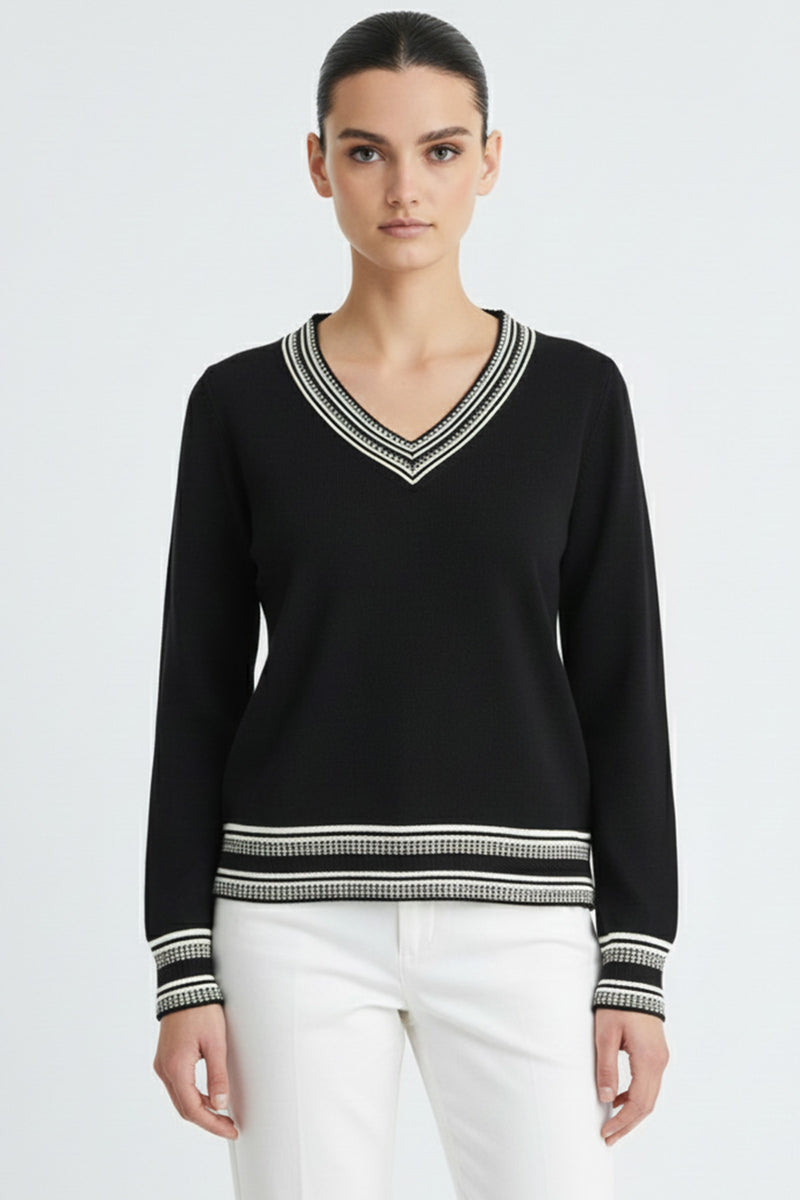 Women's Black Ecru V-Neck Sweater
