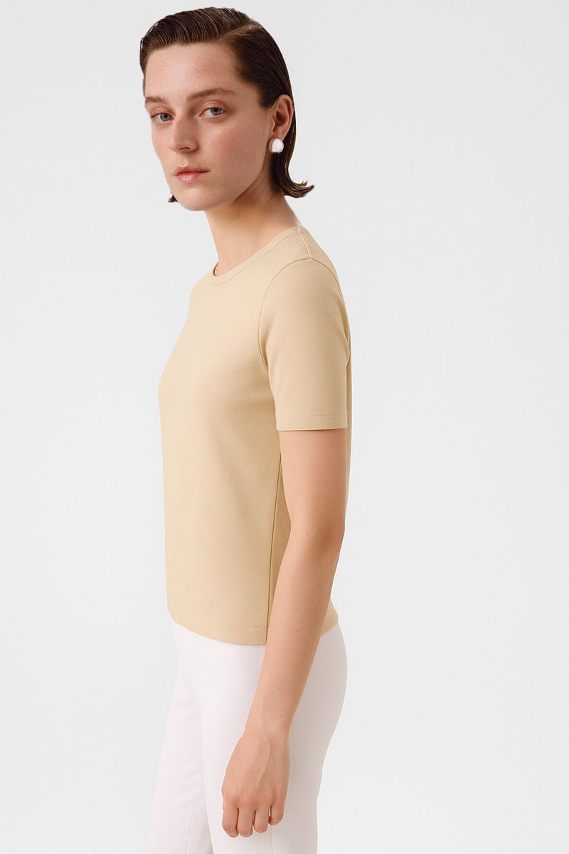Light Beige Short Sleeve Women's Sweater With a Bike Neck