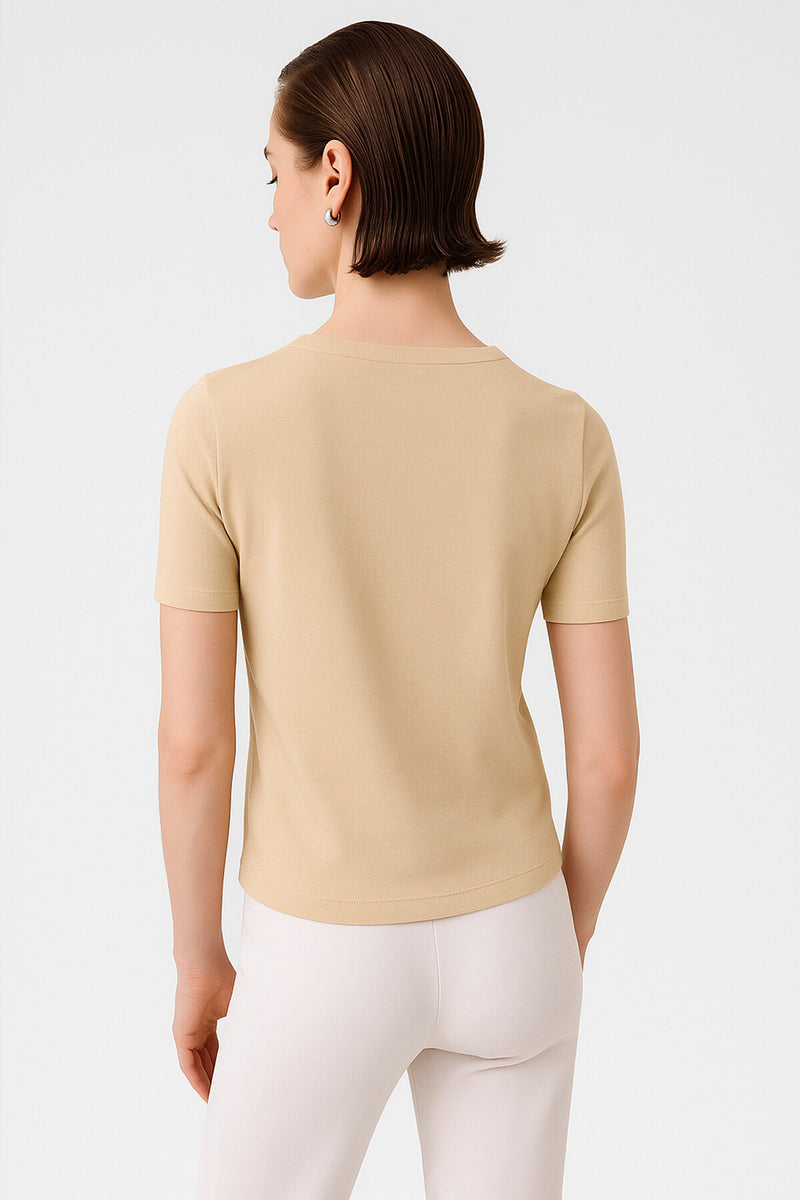 Light Beige Short Sleeve Women's Sweater With a Bike Neck