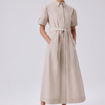Light Beige Shirt Collar Short Sleeve Long Dress