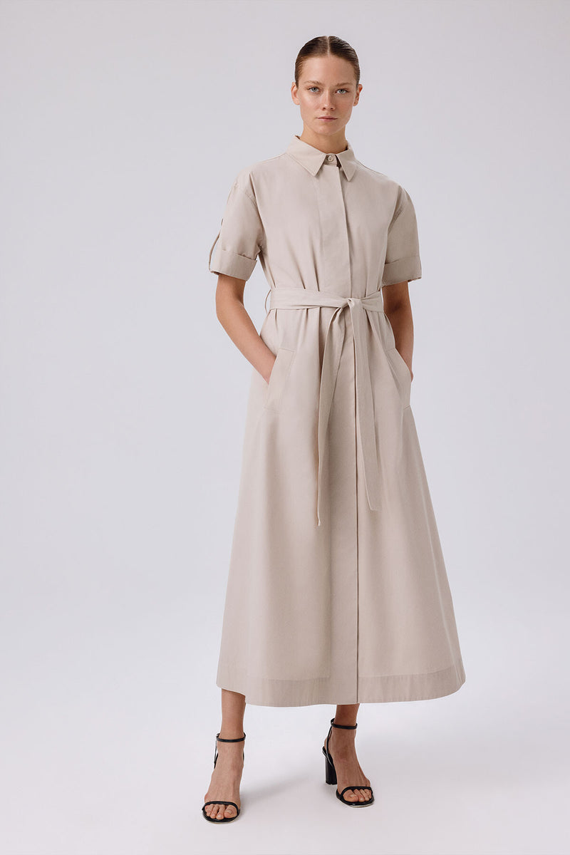 Light Beige Shirt Collar Short Sleeve Long Dress