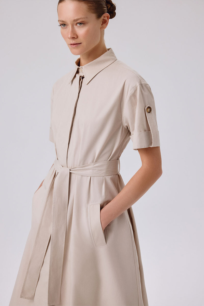 Light Beige Shirt Collar Short Sleeve Long Dress