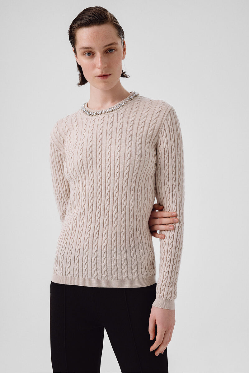 Women's Open Beige Collar Stone-Embroidered Sweater