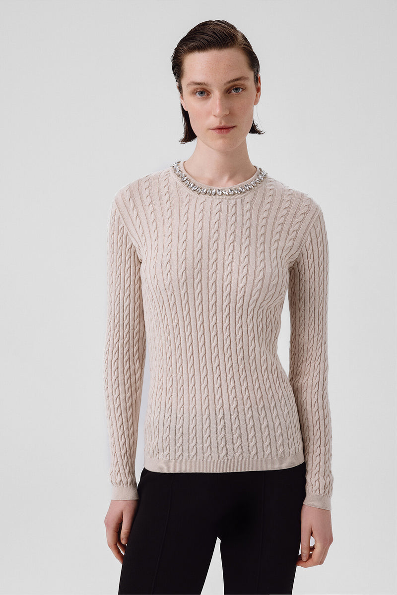 Women's Open Beige Collar Stone-Embroidered Sweater