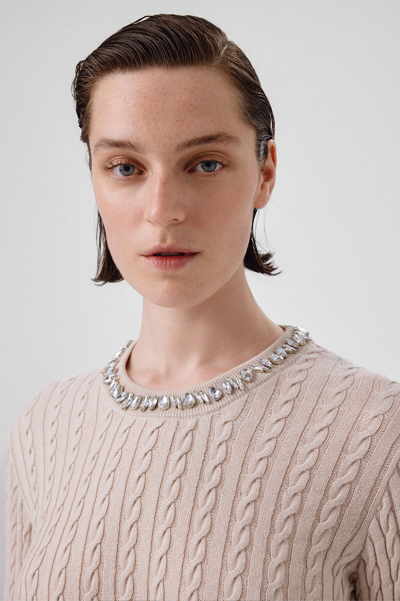 Women's Open Beige Collar Stone-Embroidered Sweater