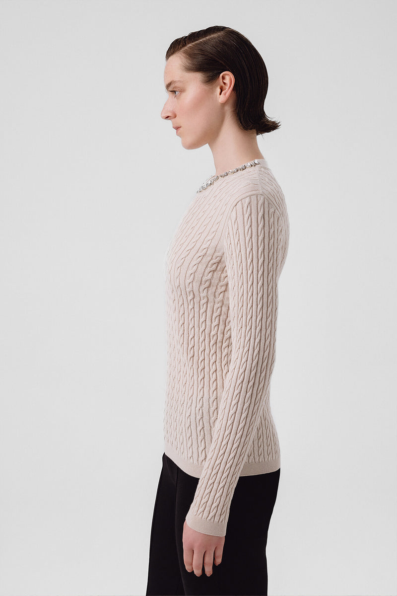 Women's Open Beige Collar Stone-Embroidered Sweater