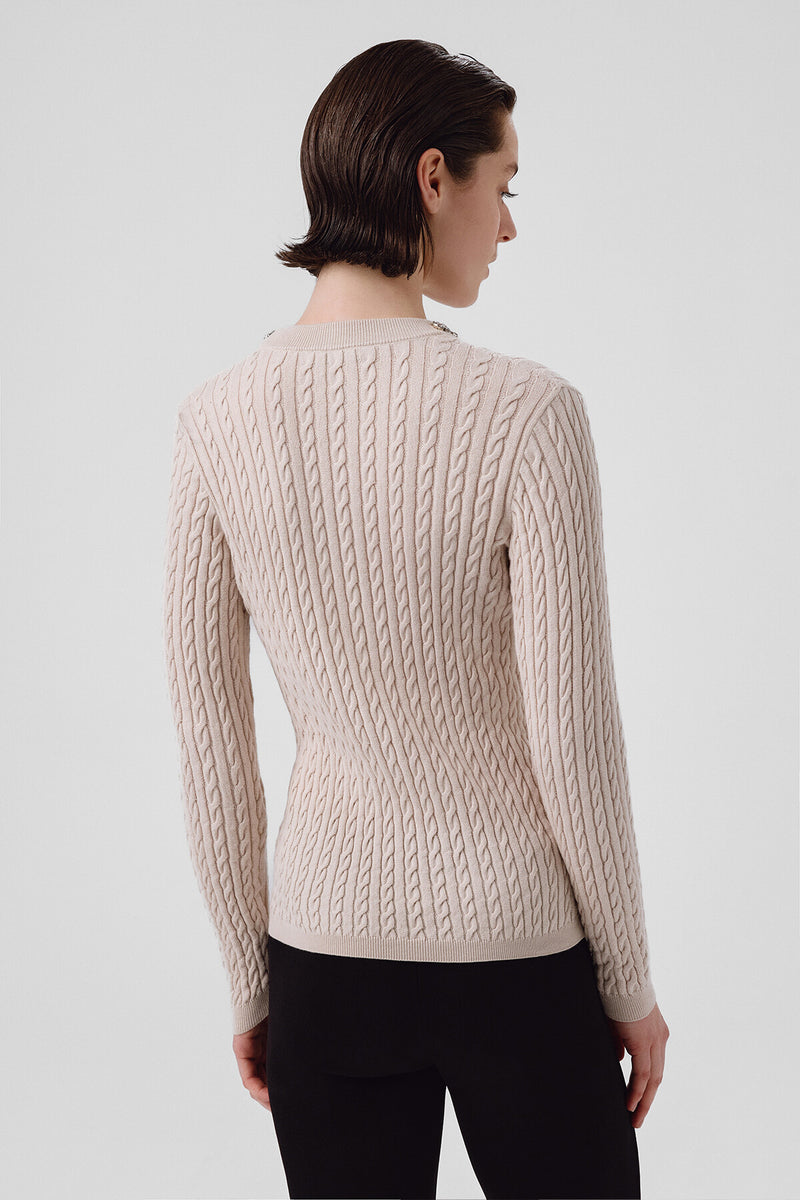 Women's Open Beige Collar Stone-Embroidered Sweater