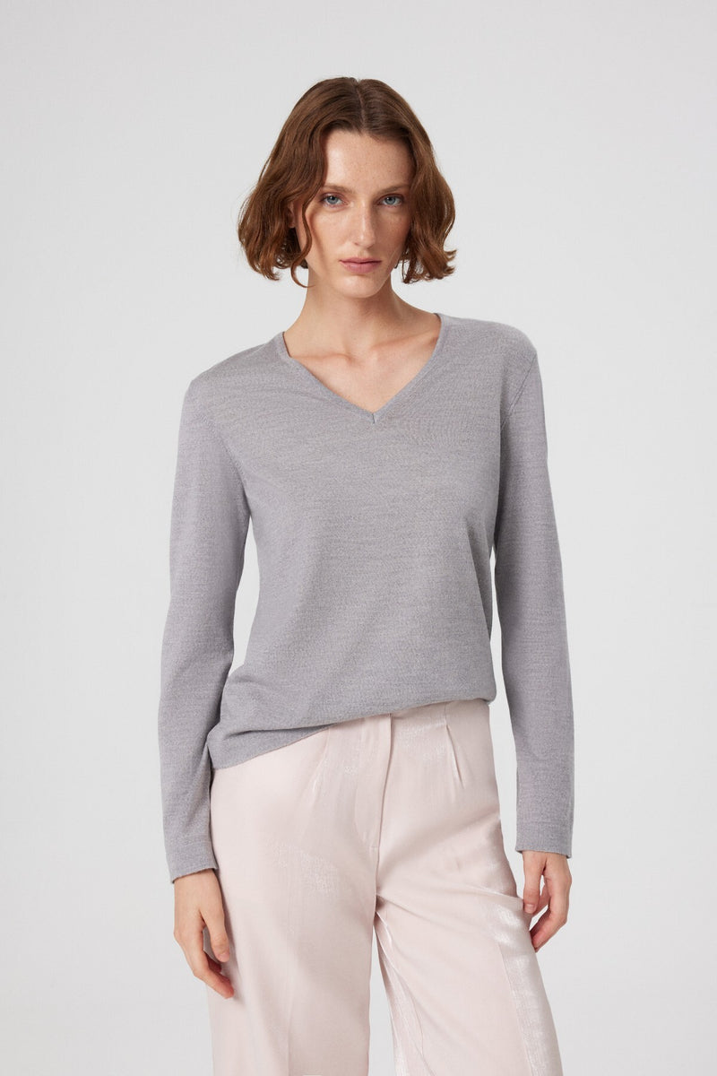 Light Gray V-Neck Long Sleeve Women's Sweater