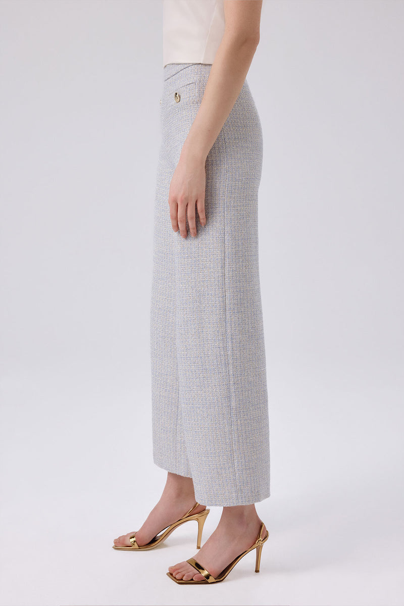 Light Blue Gold Button Detailed Tweed Pants