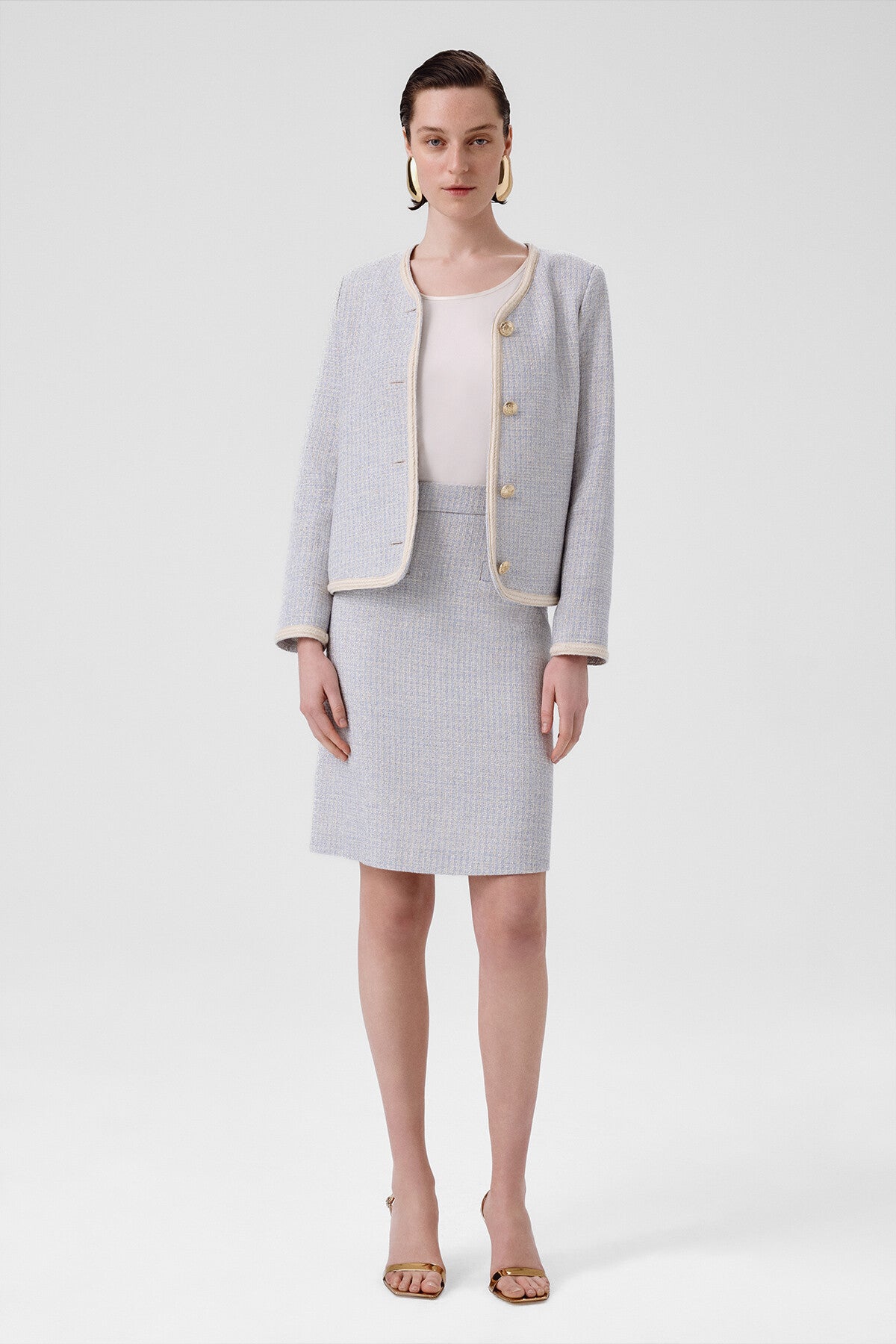 Light Blue Gold Button Tweed Women's Jacket